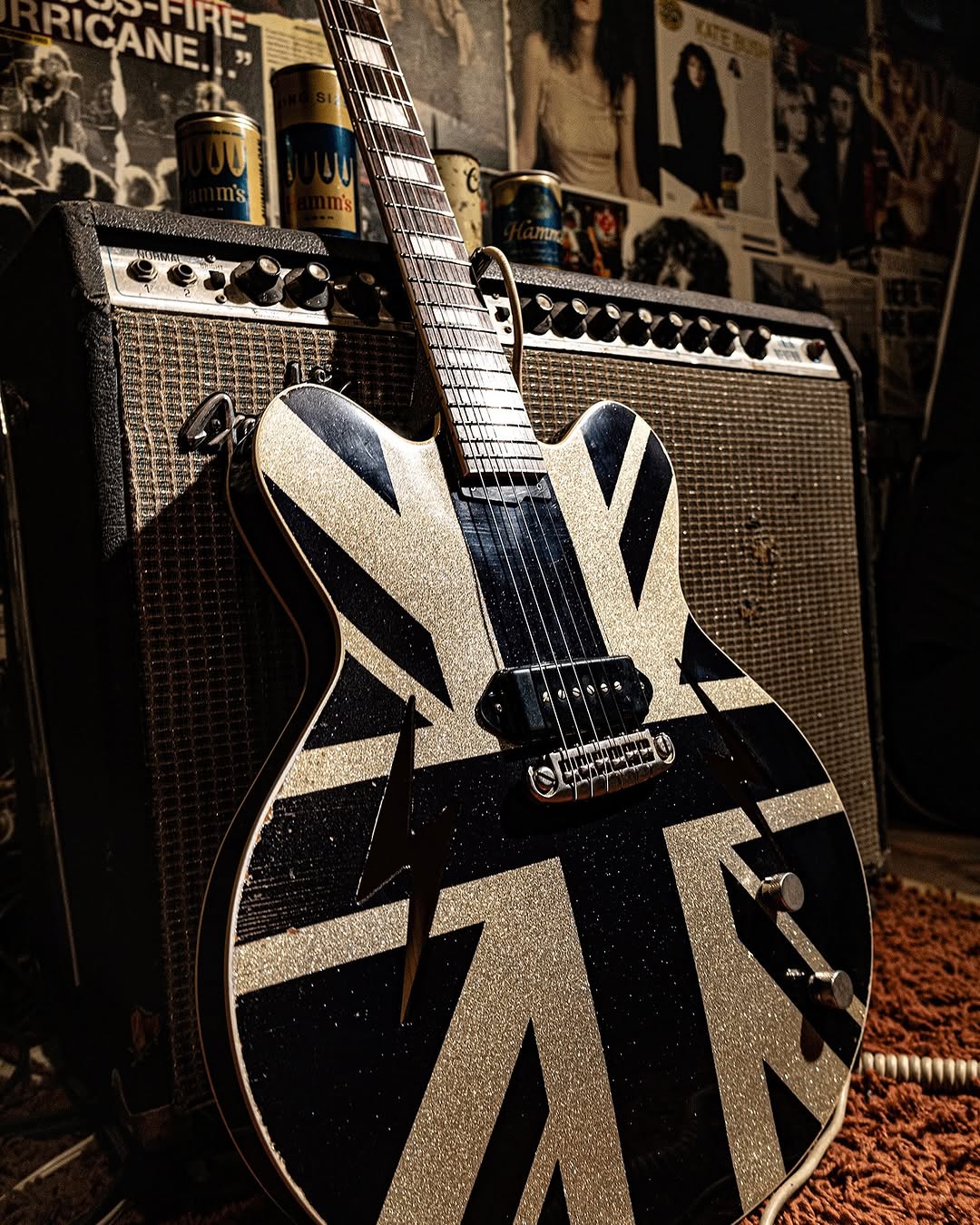 Rock N Roll Relics Signature Adam Slack Lightning in Union Jack Black and Silver in stock