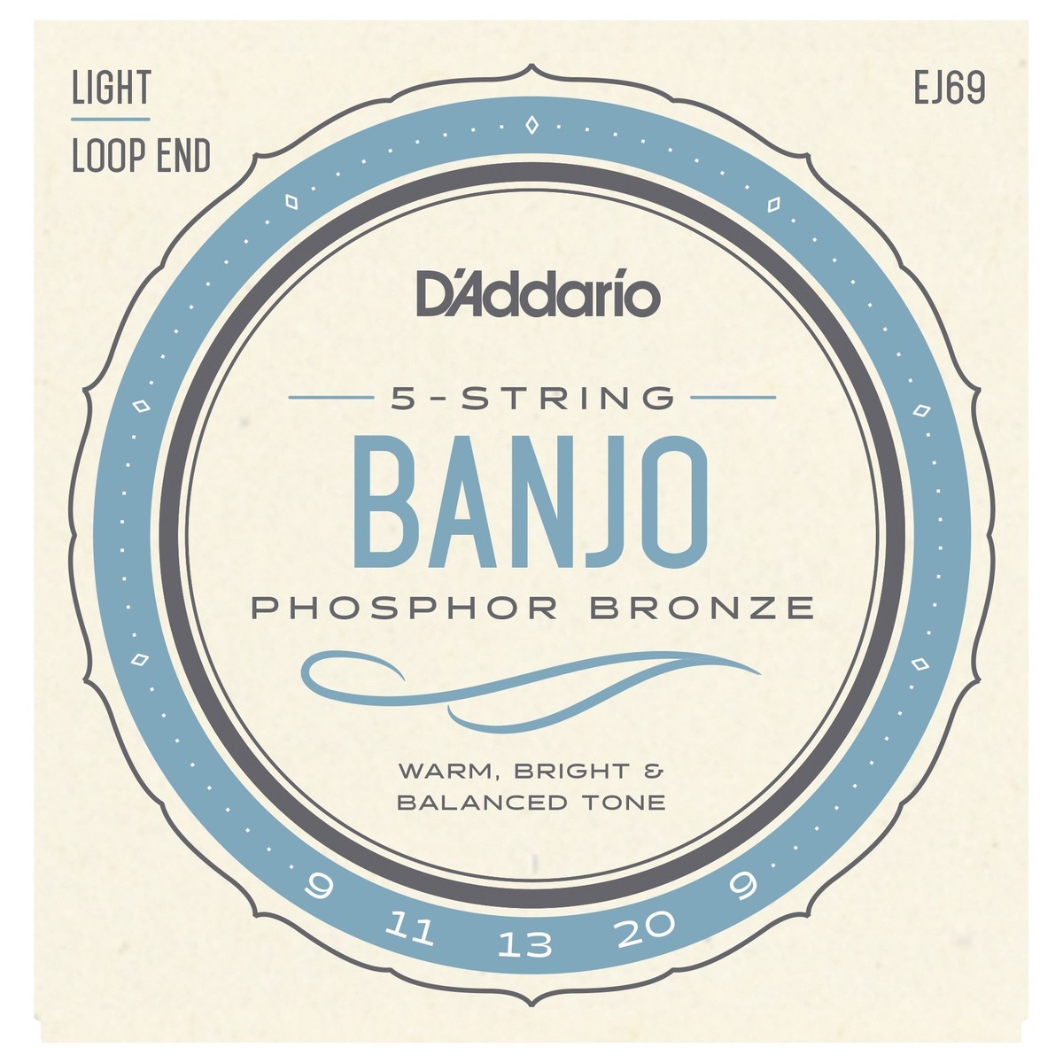 D'Addario EJ69 5 String Banjo Strings, Phosphor Bronze , Light 9-20