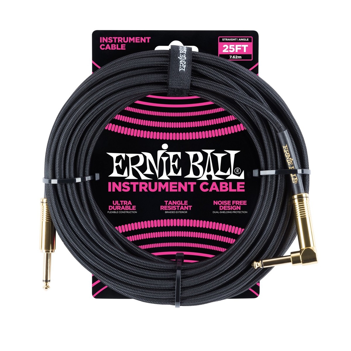 Ernie Ball 6058 25ft Straight-Angle Braided Instrument Cable, Black