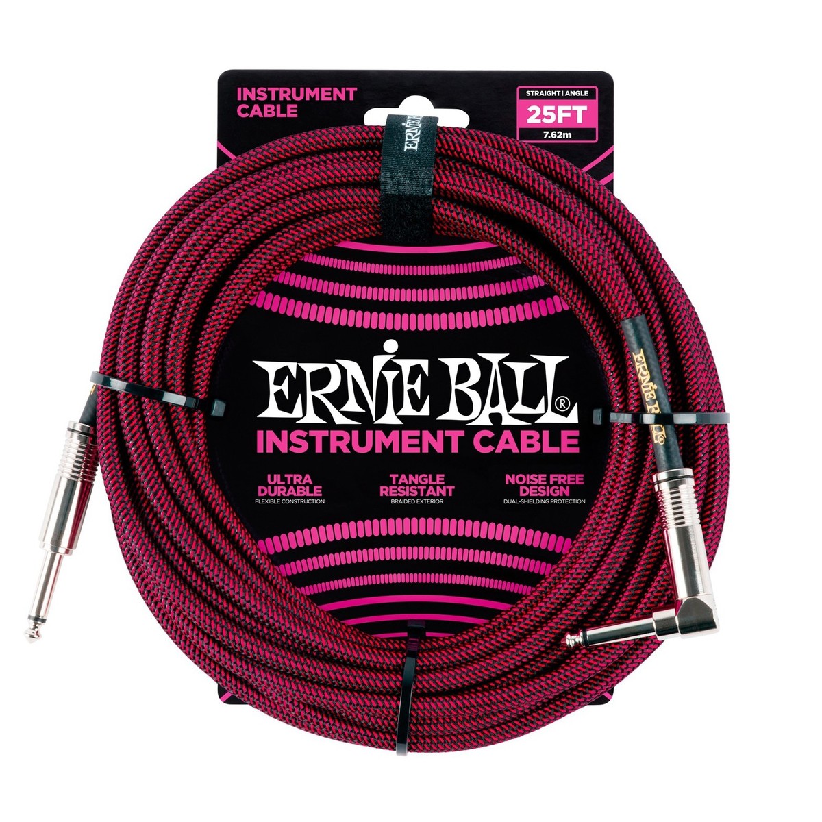Ernie Ball P06062 25ft Straight-Angle Braided Instrument Cable, Red