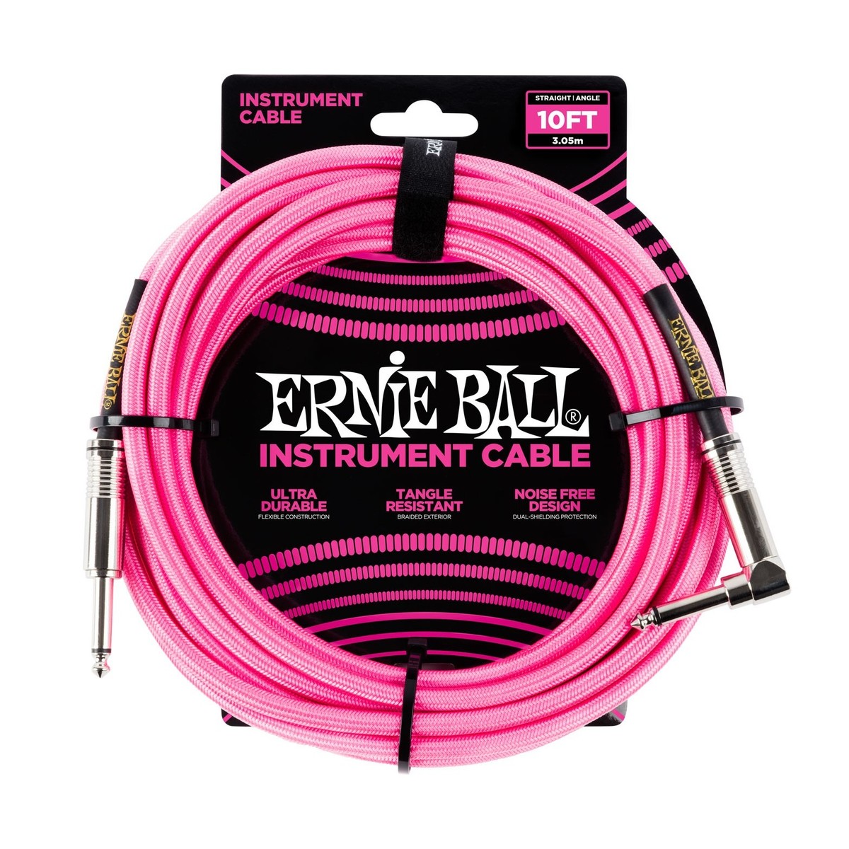 Ernie Ball P06078 10ft Straight-Angle Braided Cable, Neon Pink