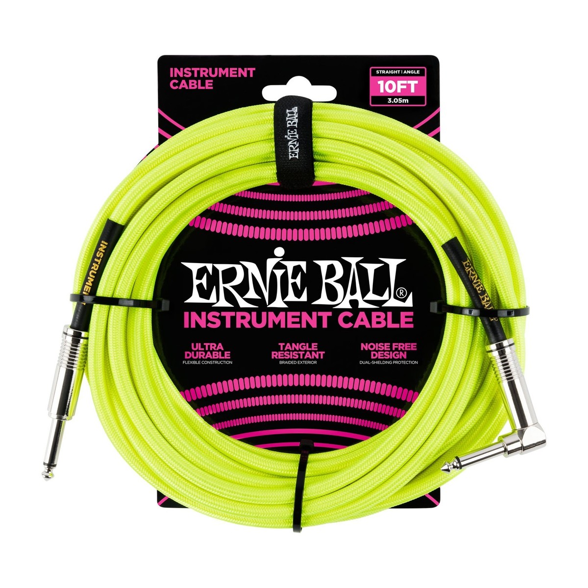Ernie Ball P06080 10ft Straight-Angle Braided Cable, Yellow