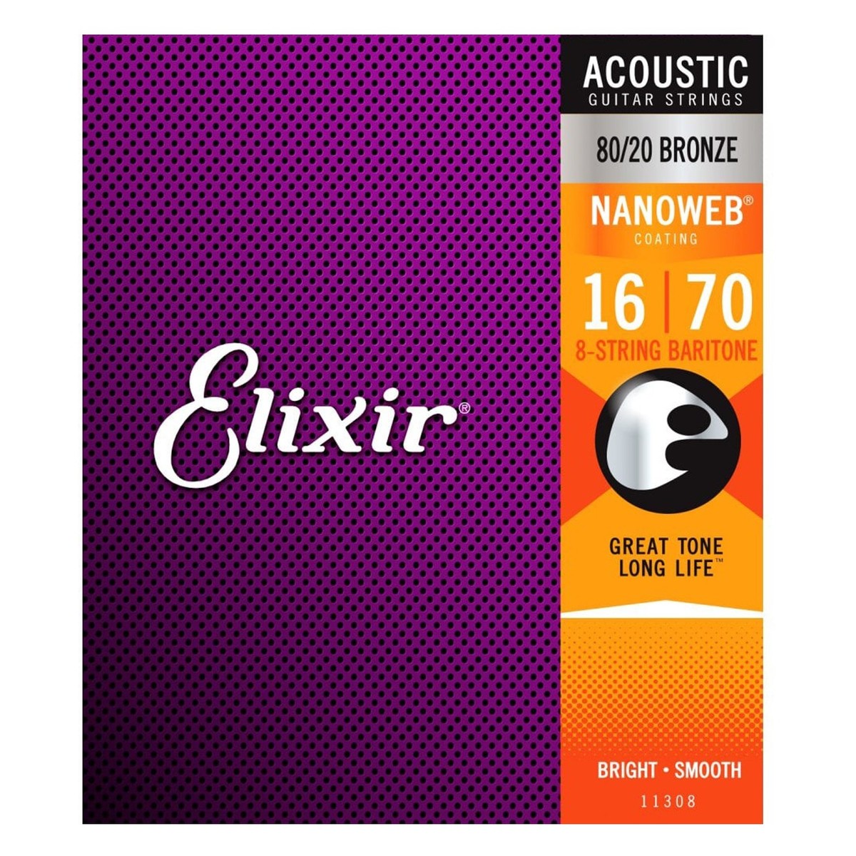 Elixir 11308 NANOWEB Baritone 8-String Acoustic Strings, 16-70