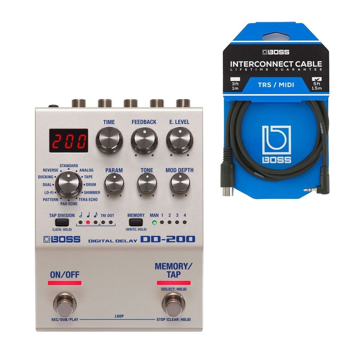 Boss DD-200 Delay Pedal with MIDI Connection Cable