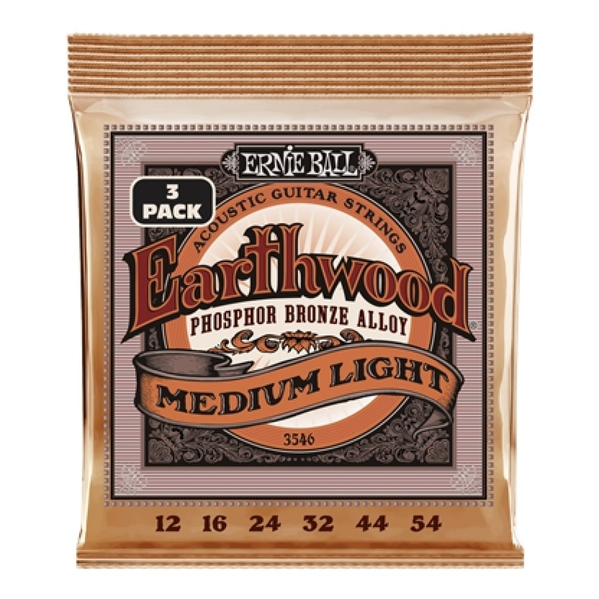 Ernie Ball P03546 Earthwood Phosphor Bronze Med/Light 12-54 (3 Set)