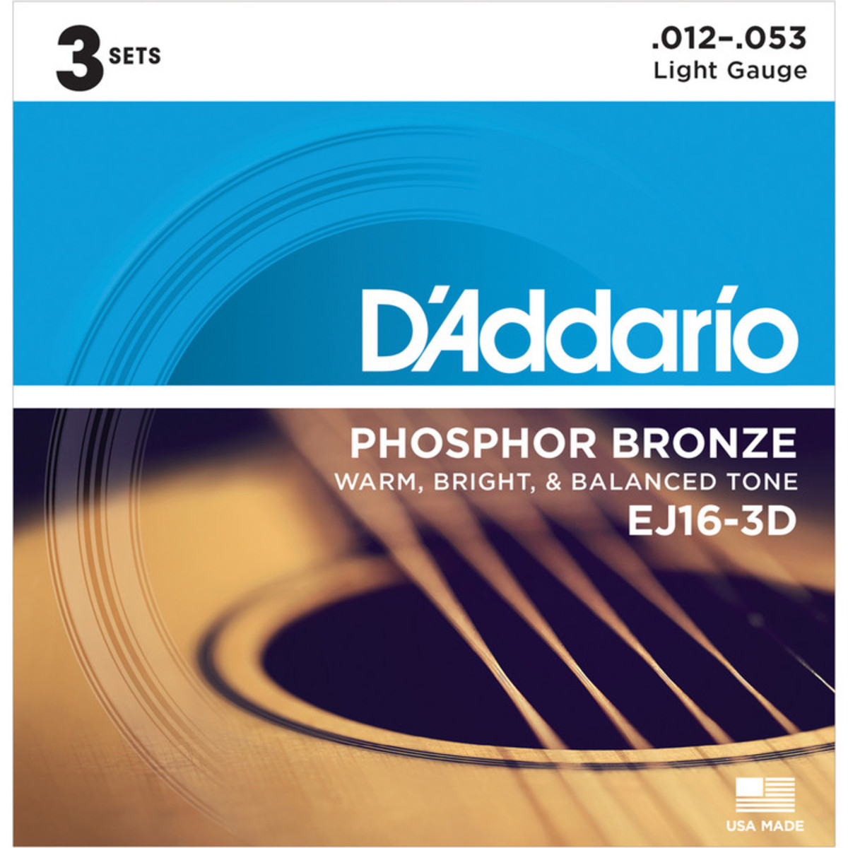 D'Addario EJ16-3D Phosphor Bronze, Light, 12-53 x 3 Pack
