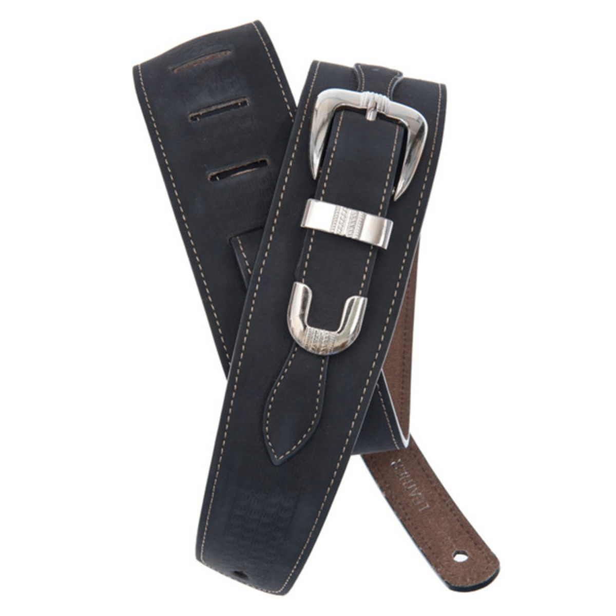 D'Addario 25LBB00 Belt Buckle Leather Guitar Strap, Black