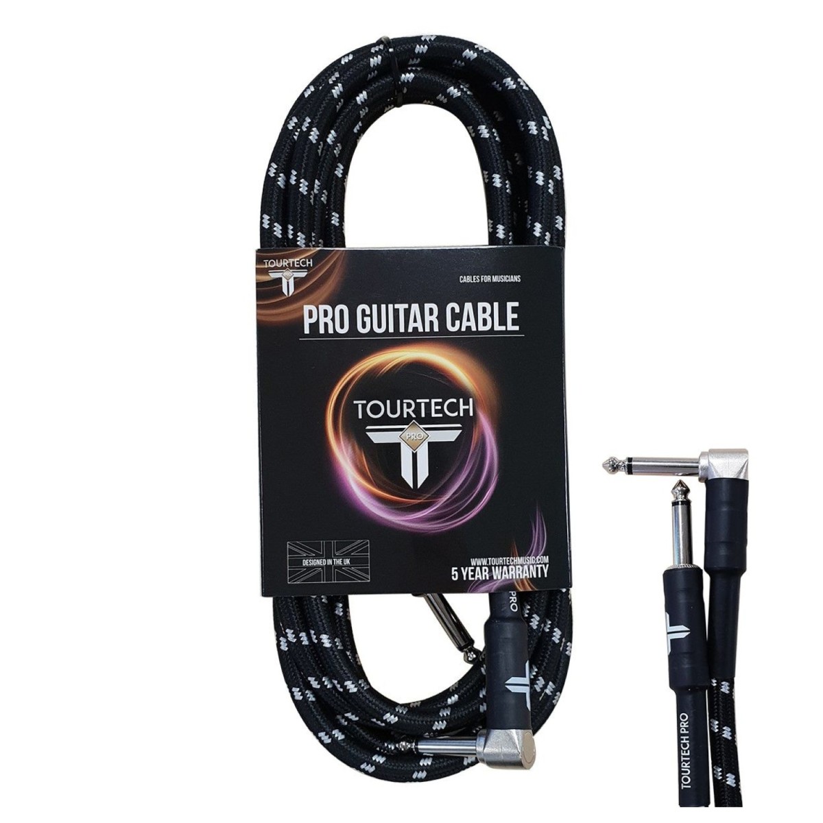 Tourtech 3m/10ft Braided Black & Grey Straight To Angled Guitar Cable