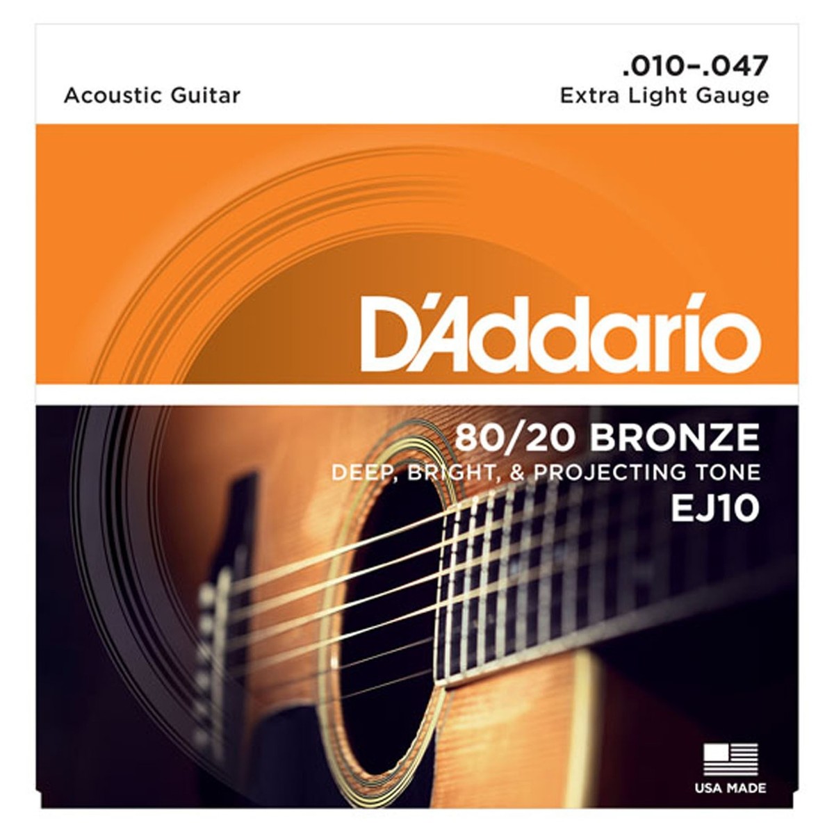 D'Addario EJ10 80/20 Bronze Acoustic Strings, Extra Light, 10-47