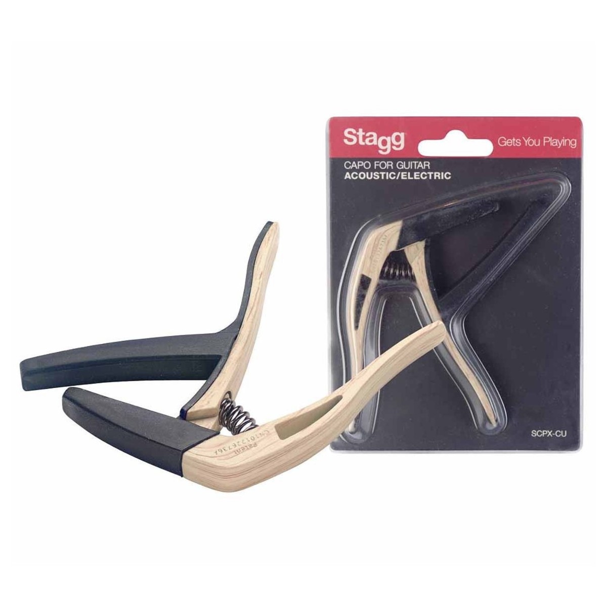 Stagg Curved Trigger Capo For Acoustic & Electric Guitar, Light Wood