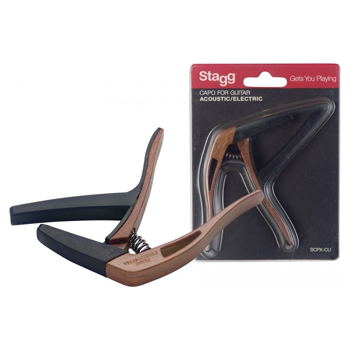Stagg Curved Trigger Capo For Acoustic & Electric Guitar, Dark Wood