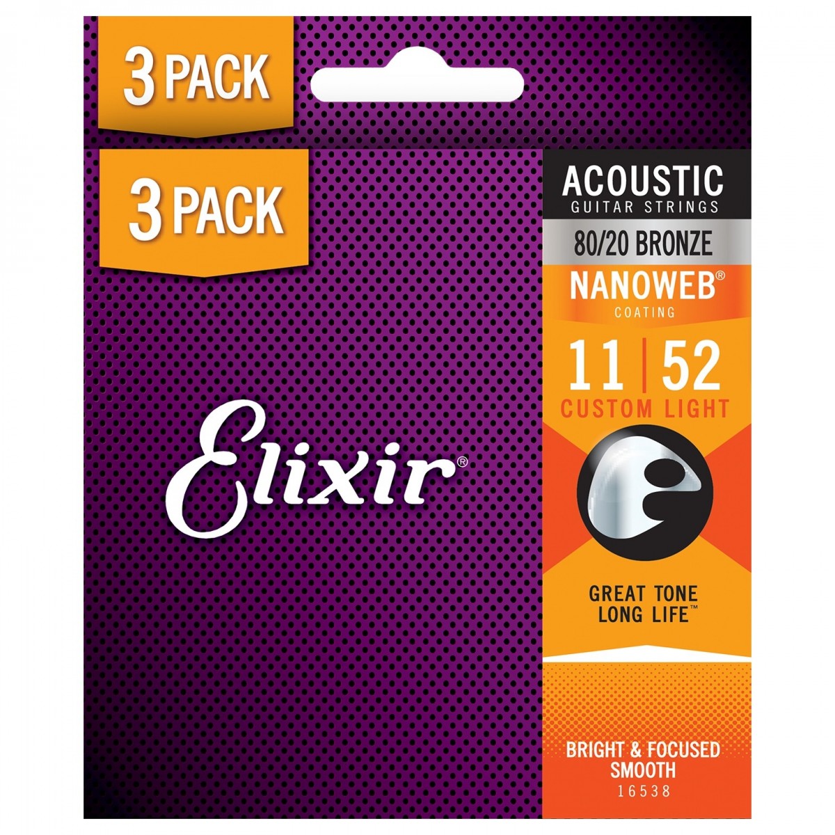 Elixir 80/20 Nanoweb Acoustic Strings 3 Pack, 11-52