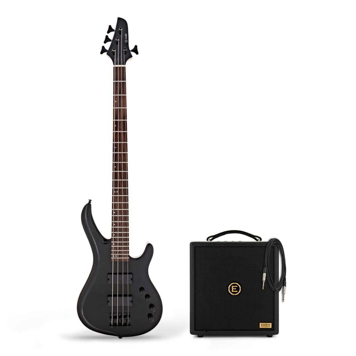G4M 878 Bass Guitar, All Black & Eden Orbiter 8 Combo Amp