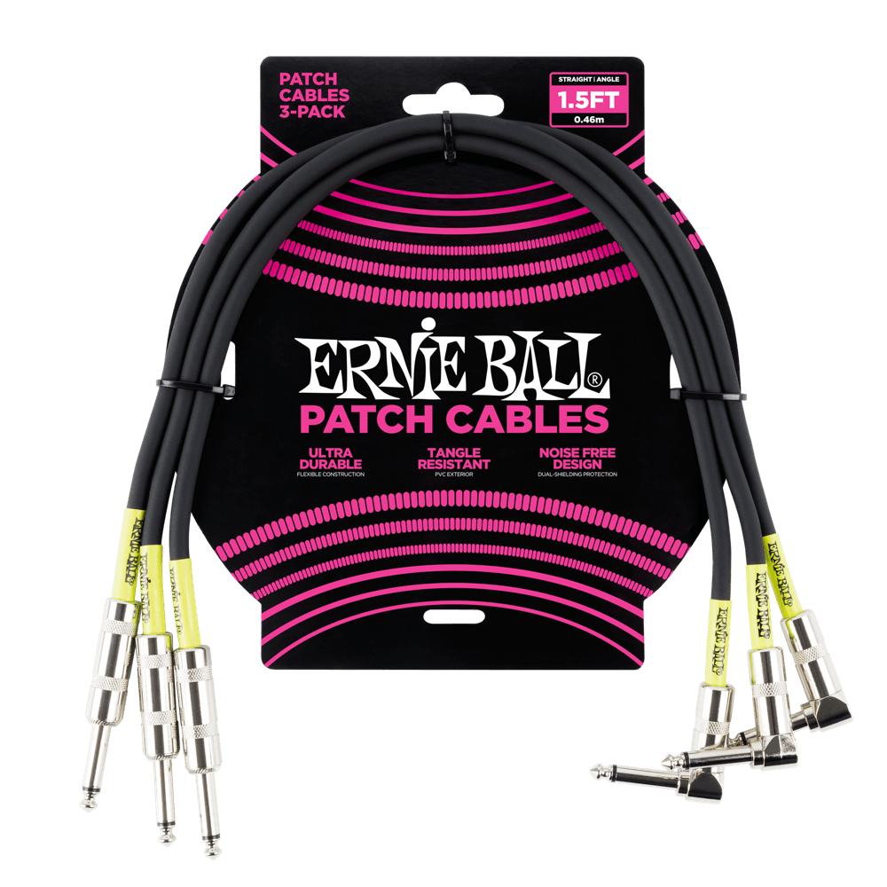 Ernie Ball 1.5ft Straight/Angle Patch Cable in Black, 3-pack