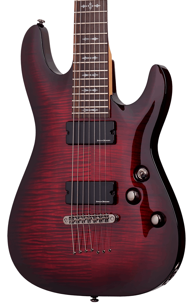 Schecter DEMON-7 Flamed Maple Top in Crimson Red Burst