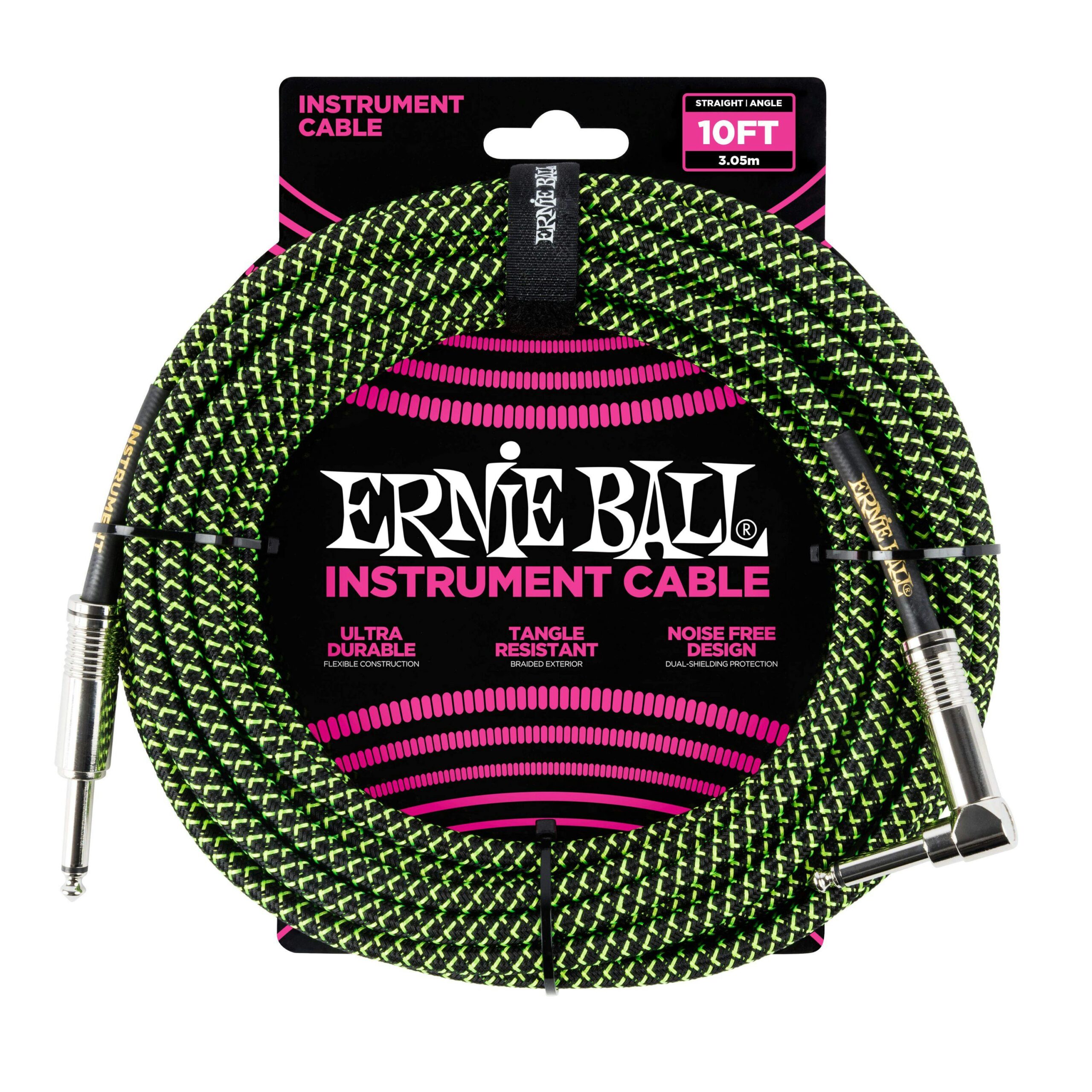 Ernie Ball 10 ft Guitar Cable in Black & Green with Straight Jack to Angled Jack