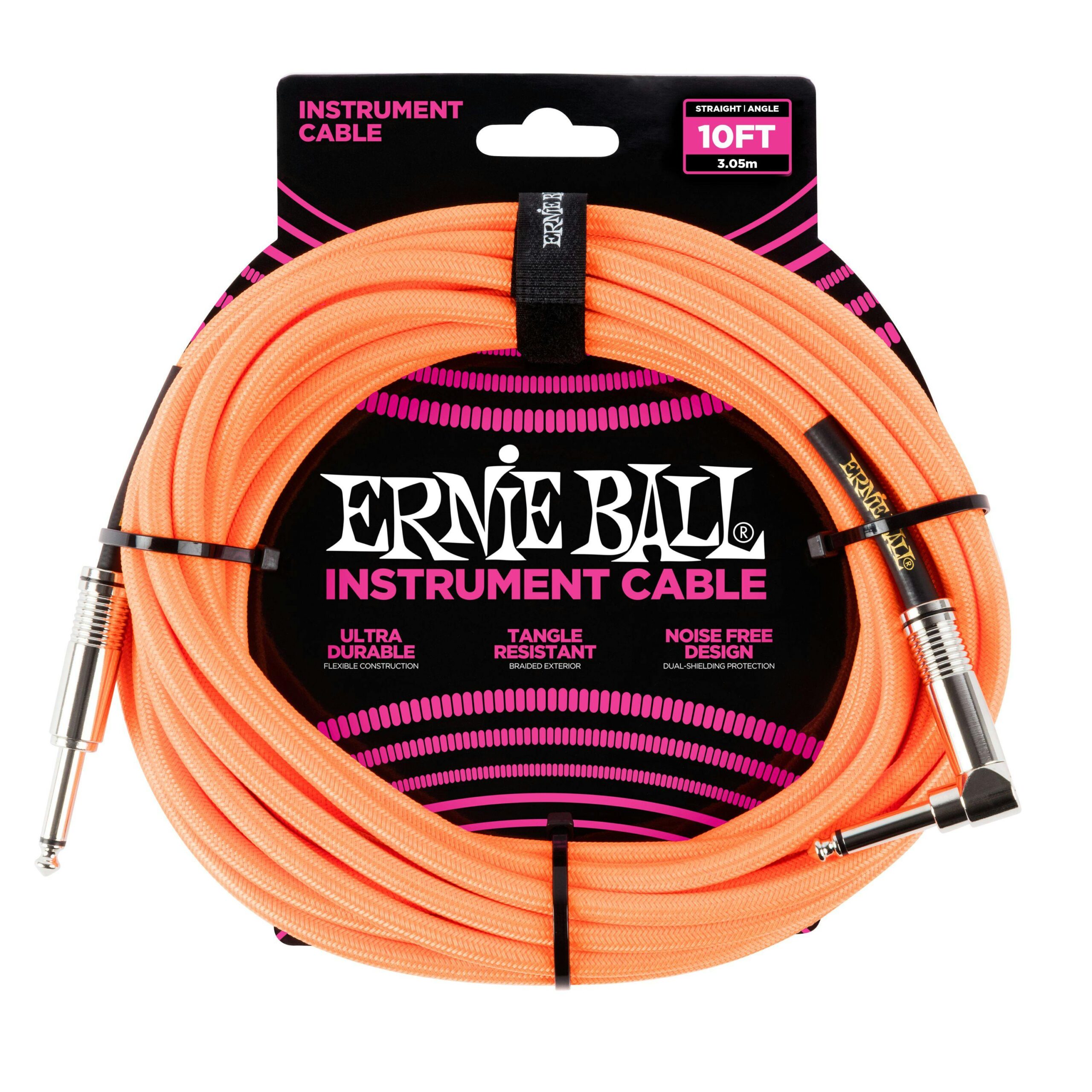 Ernie Ball 10 ft Guitar Cable in Neon Orange with Straight Jack to Angled Jack