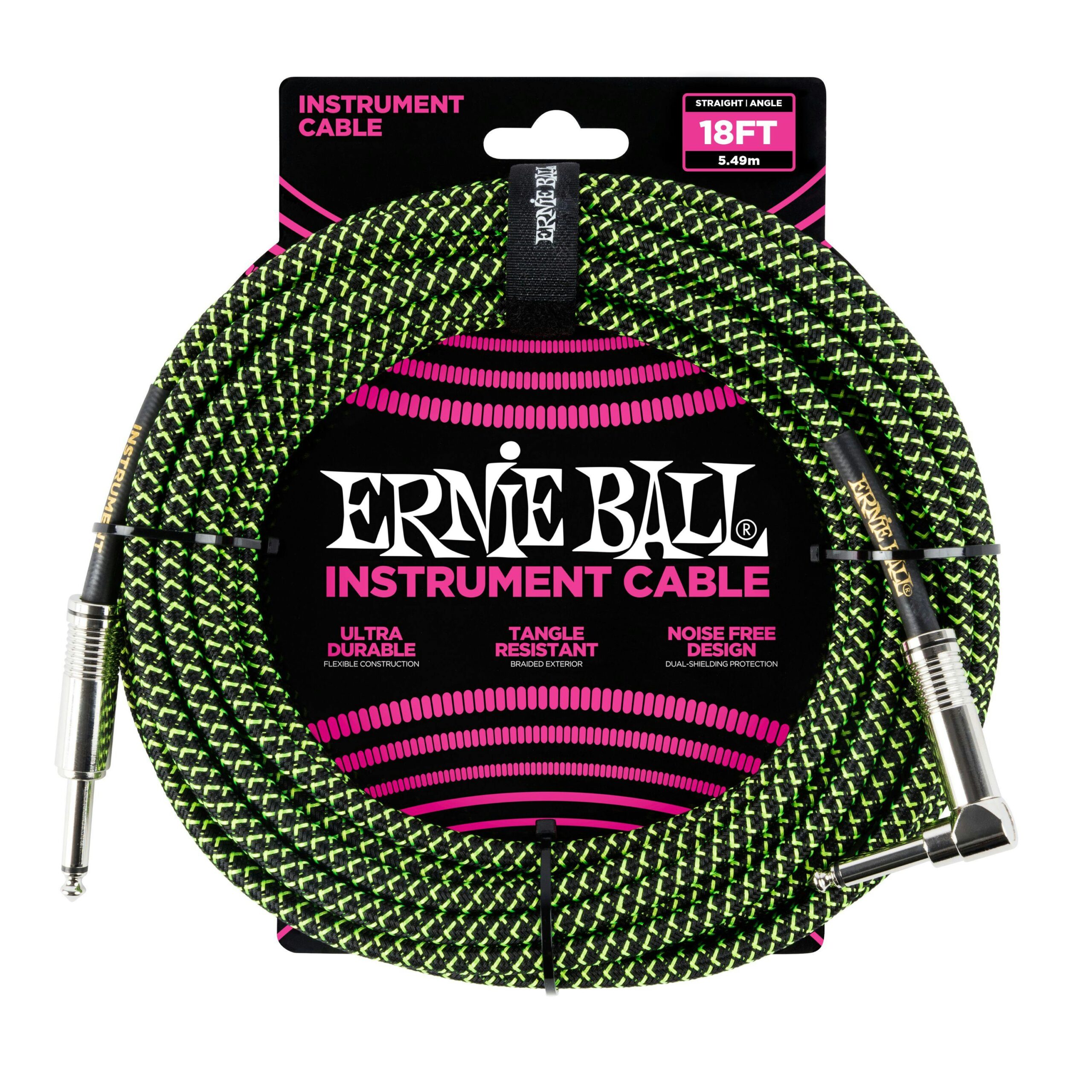Ernie Ball 18 ft Braided Guitar Cable in Black & Green with Straight Jack to Angled Jack