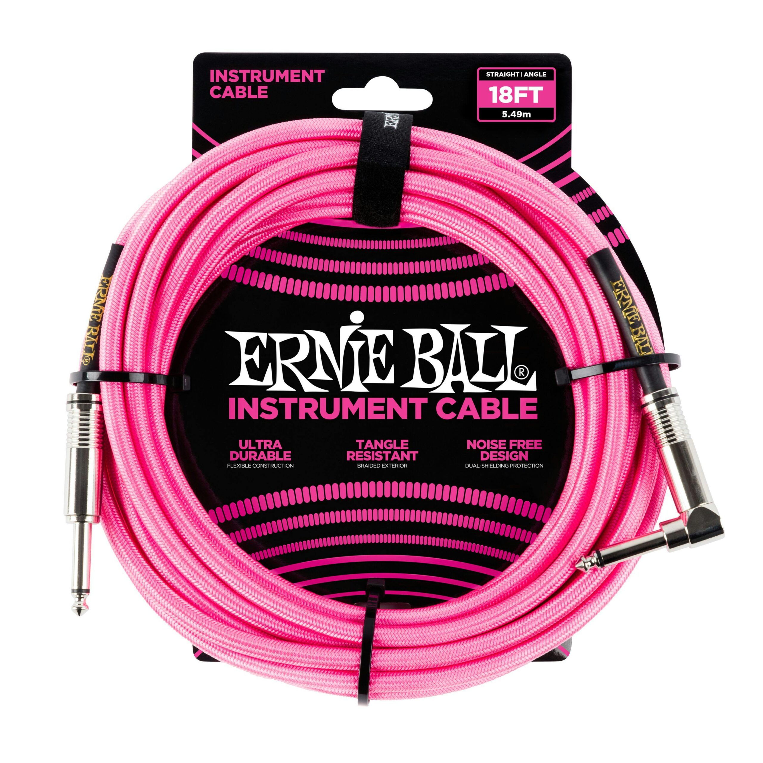 Ernie Ball 18 ft Braided Guitar Cable in Neon Pink with Straight Jack to Angled Jack