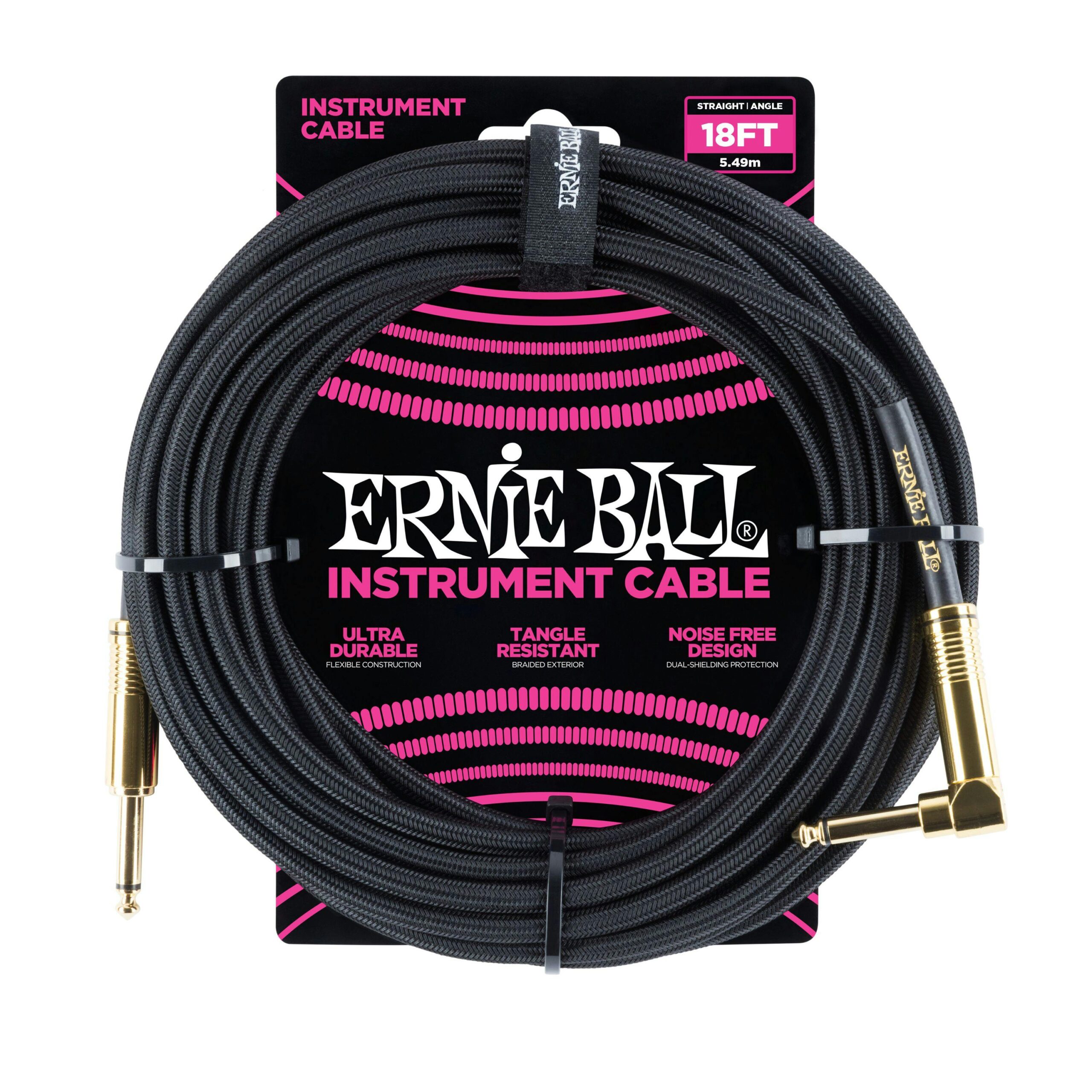Ernie Ball 18 Braided ft Guitar Cable in Black with Straight Jack to Angled Jack