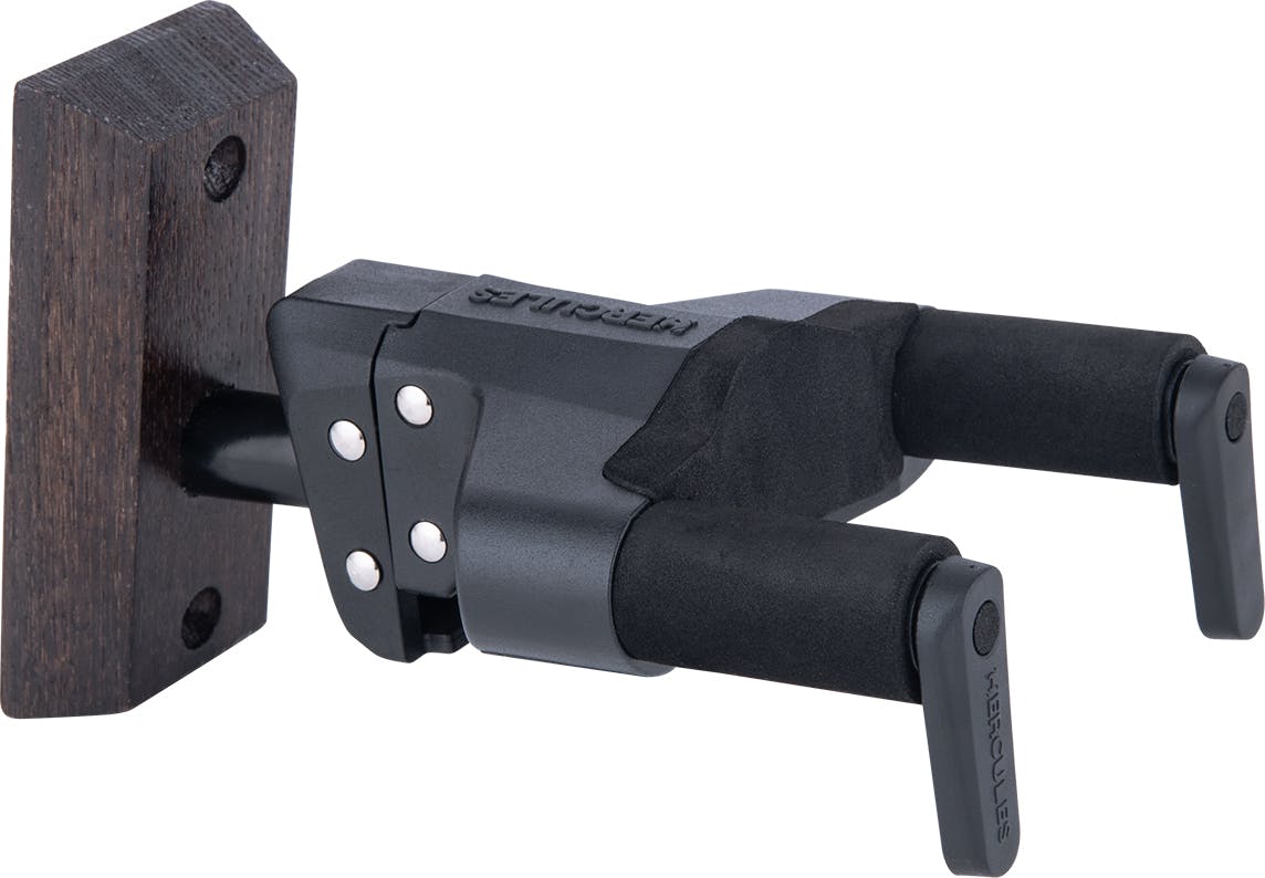 Hercules Guitar Hanger with brown Wood Block Wall Mount