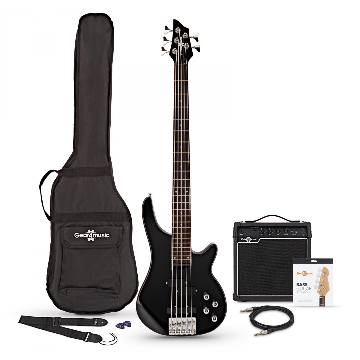 Chicago 5 String Bass Guitar Black + 15W Amp Pack