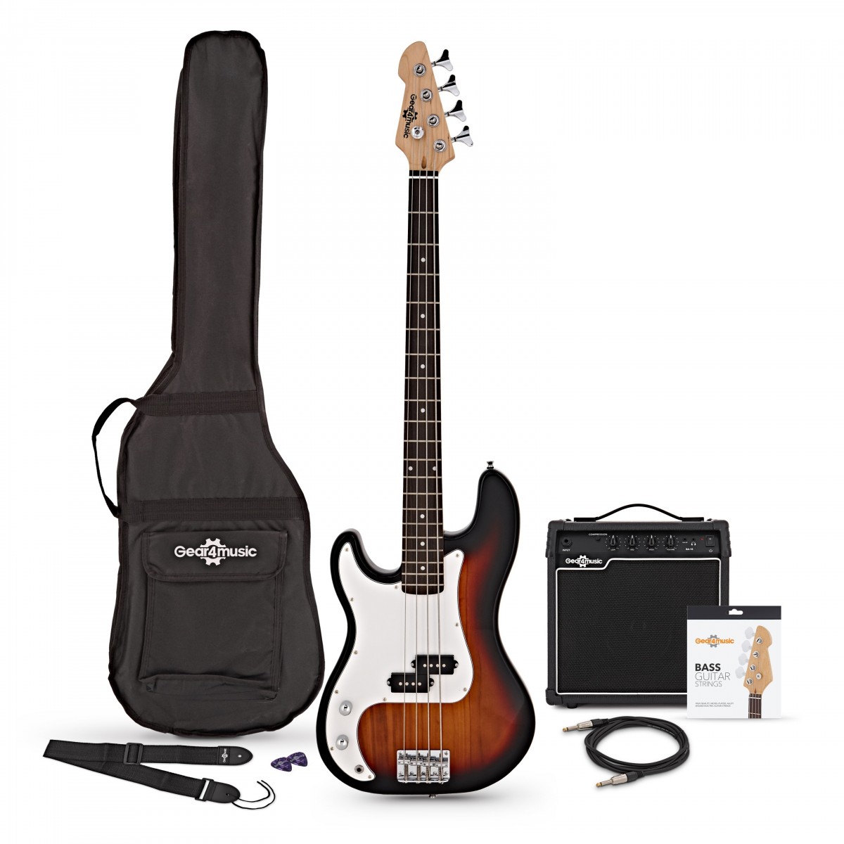 LA Bass Guitar Sunburst 15W Bass Amp Pack