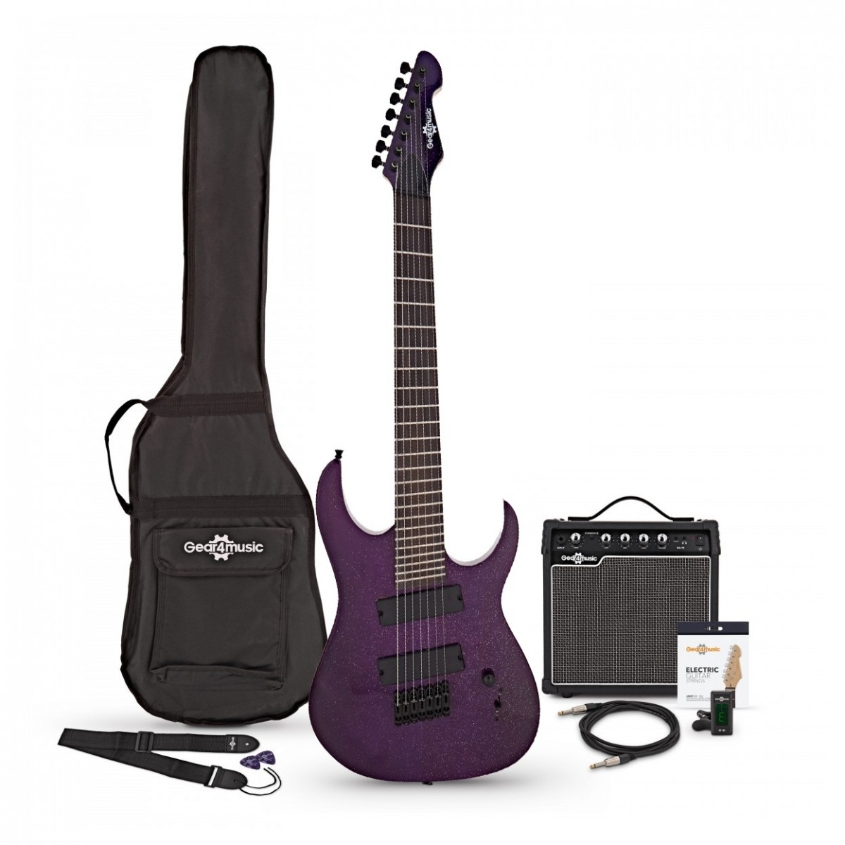 Harlem S 7-String Fanned Fret Guitar + 15W Amp Pack Purple Sparkle