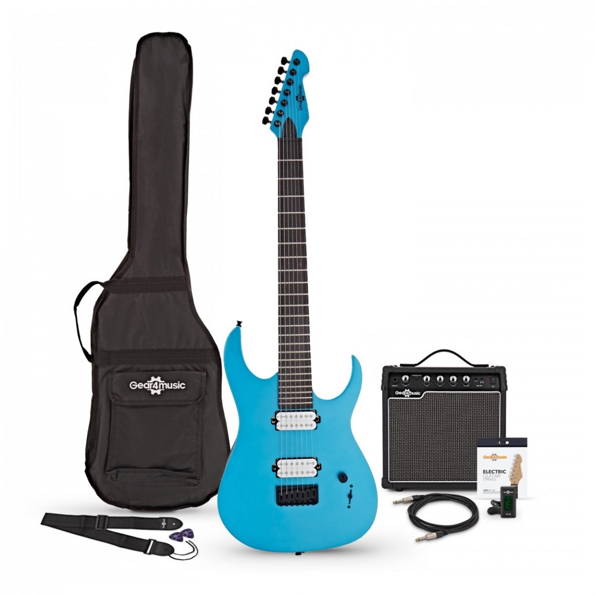 Harlem S 7-String Electric Guitar + 15W Amp Pack Blue Sparkle