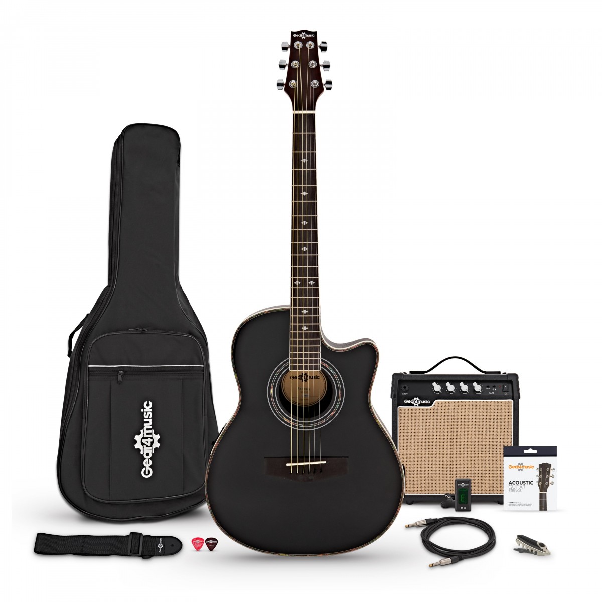 Roundback Electro Acoustic Guitar + 15W Amp Pack Black