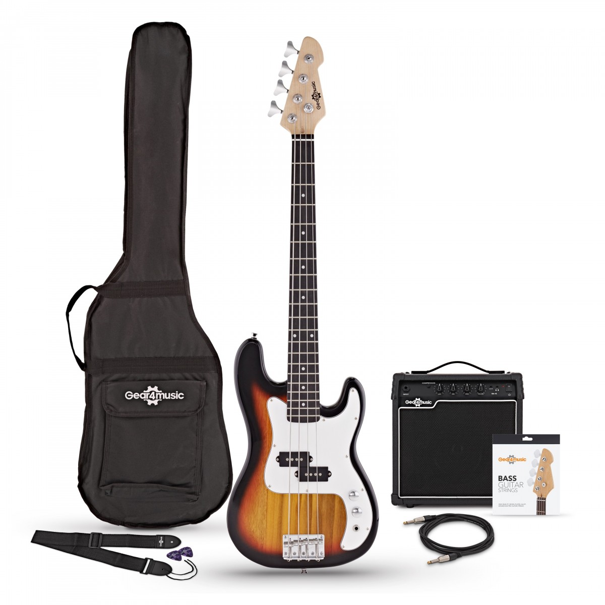 3/4 LA Bass Guitar Sunburst 15W Bass Amp Pack