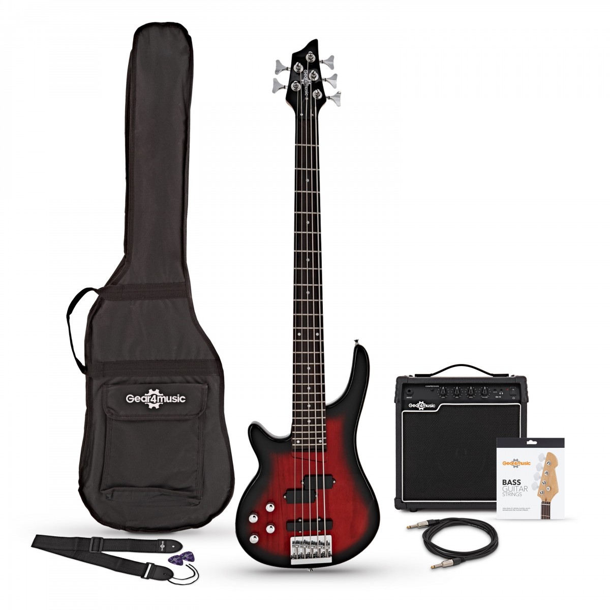 Chicago 5 String Left Handed Trans Red Bass + 15W Amp