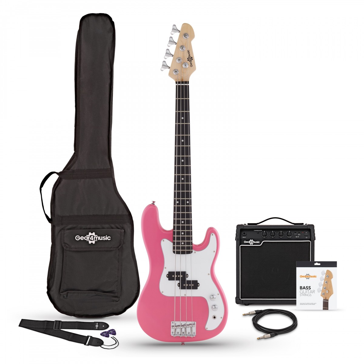 3/4 LA Bass Guitar Pink 15W Bass Amp Pack