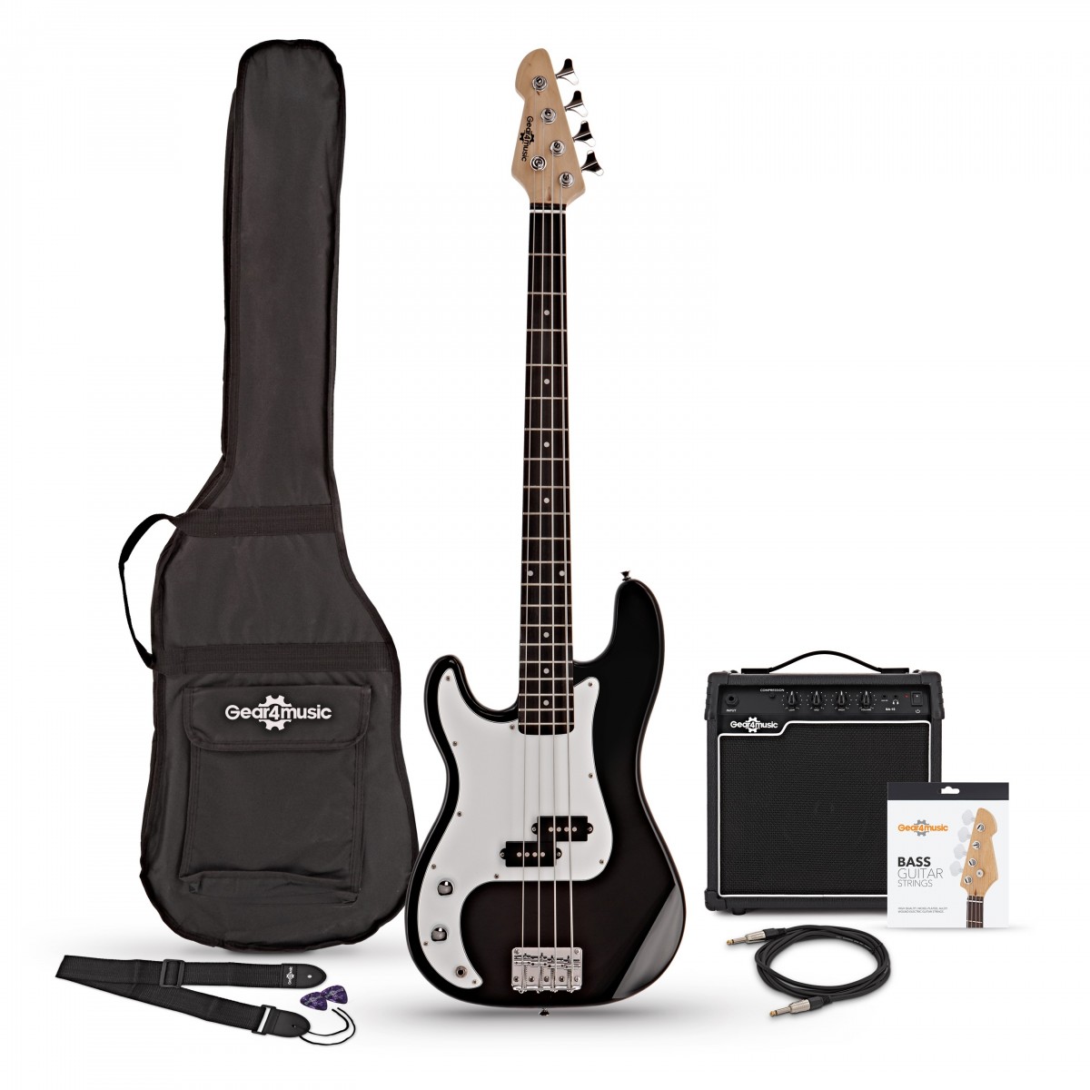 LA Left Handed Bass Guitar Black 15W Bass Amp Pack
