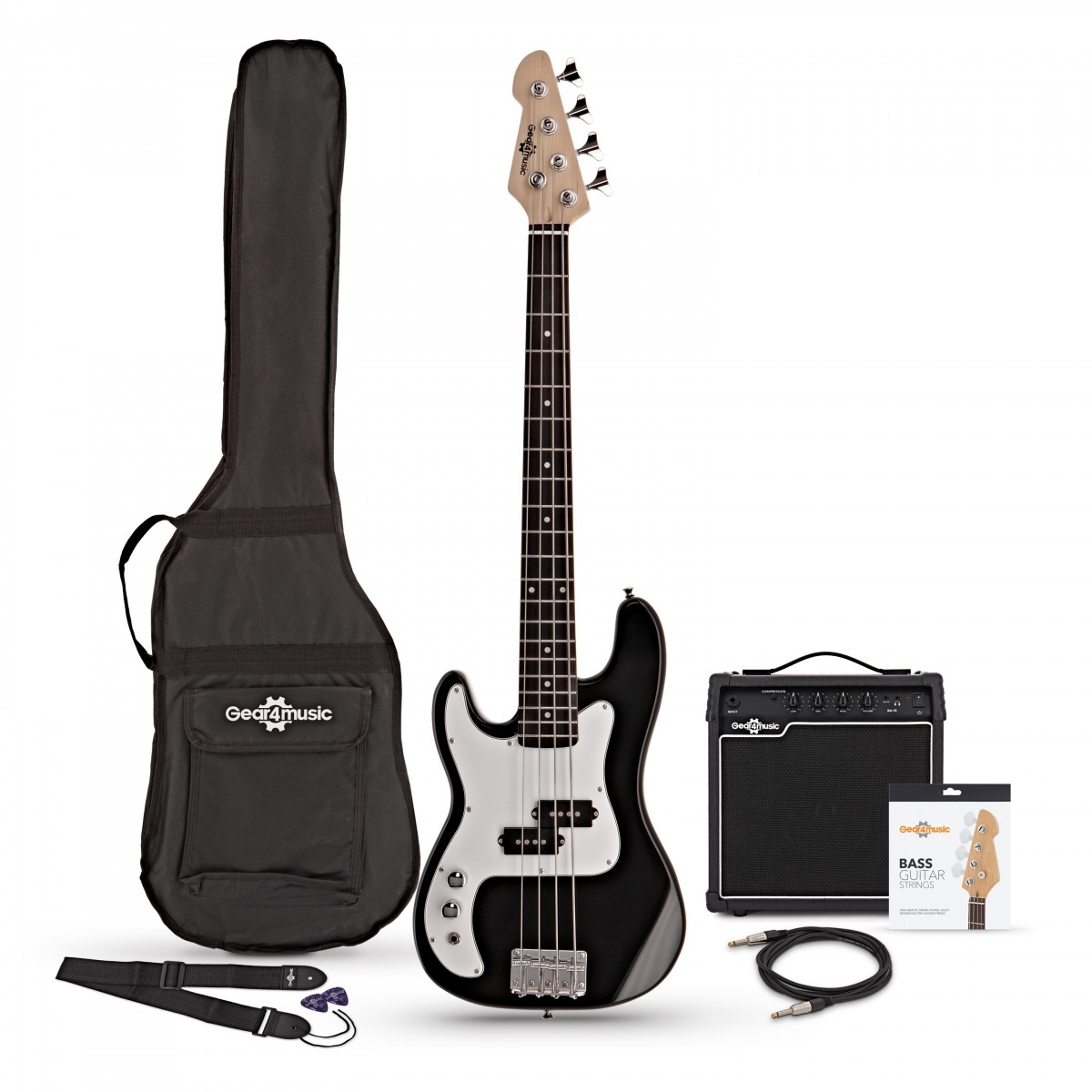 3/4 Left Handed LA Bass Guitar Black 15W Bass Amp Pack