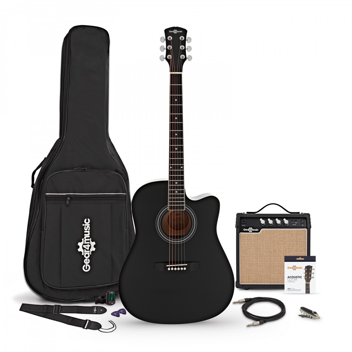 Dreadnought Cutaway Electro Acoustic Guitar Black 15W Acoustic Amp Accessory Pack