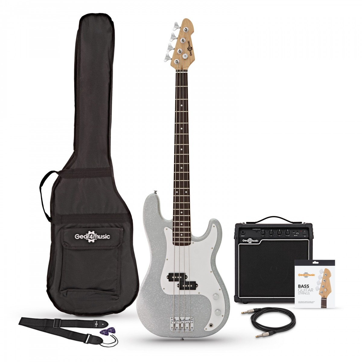 LA Bass Guitar Silver Flake 15W Bass Amp Pack