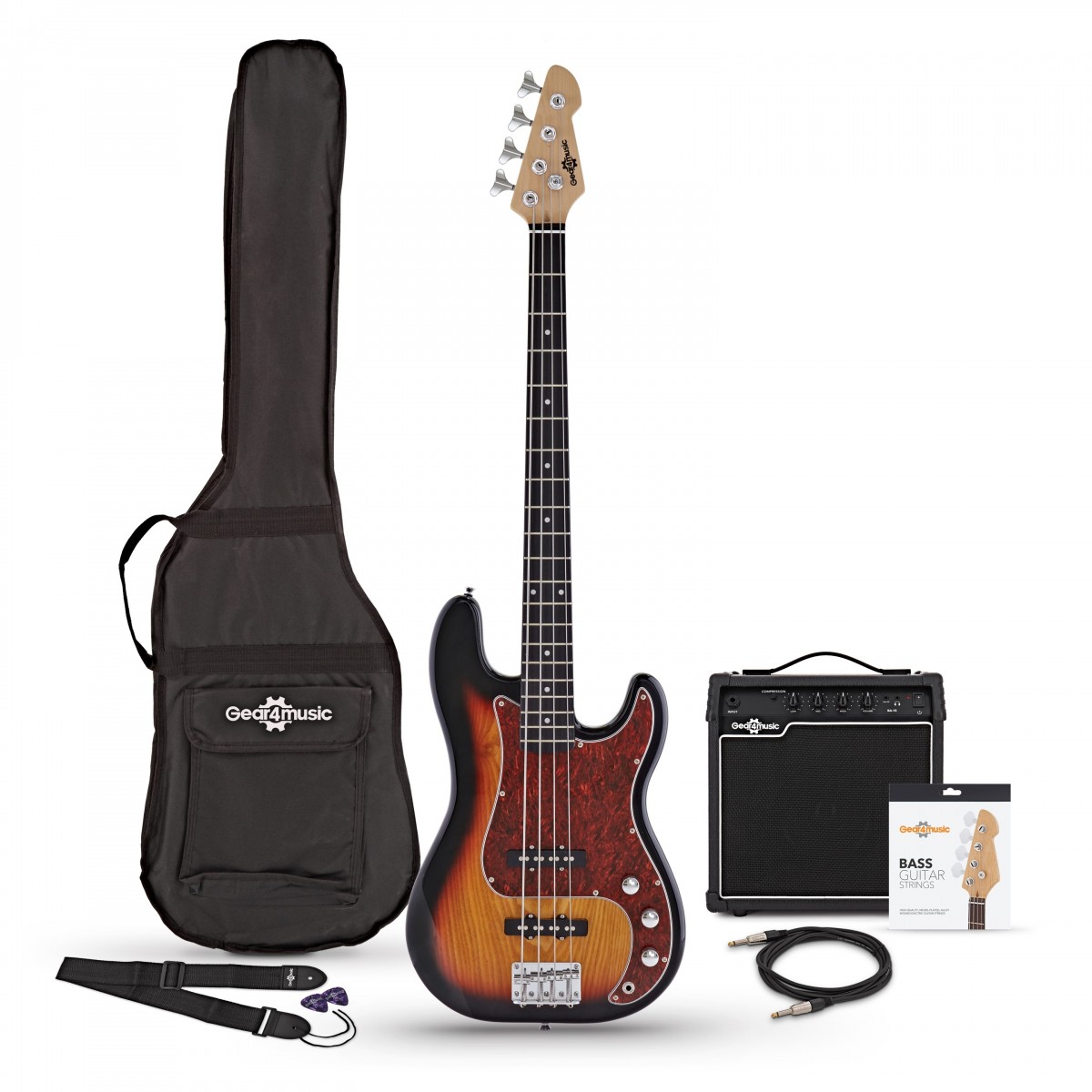 LA Select Bass Guitar Sunburst 15W Bass Amp Pack