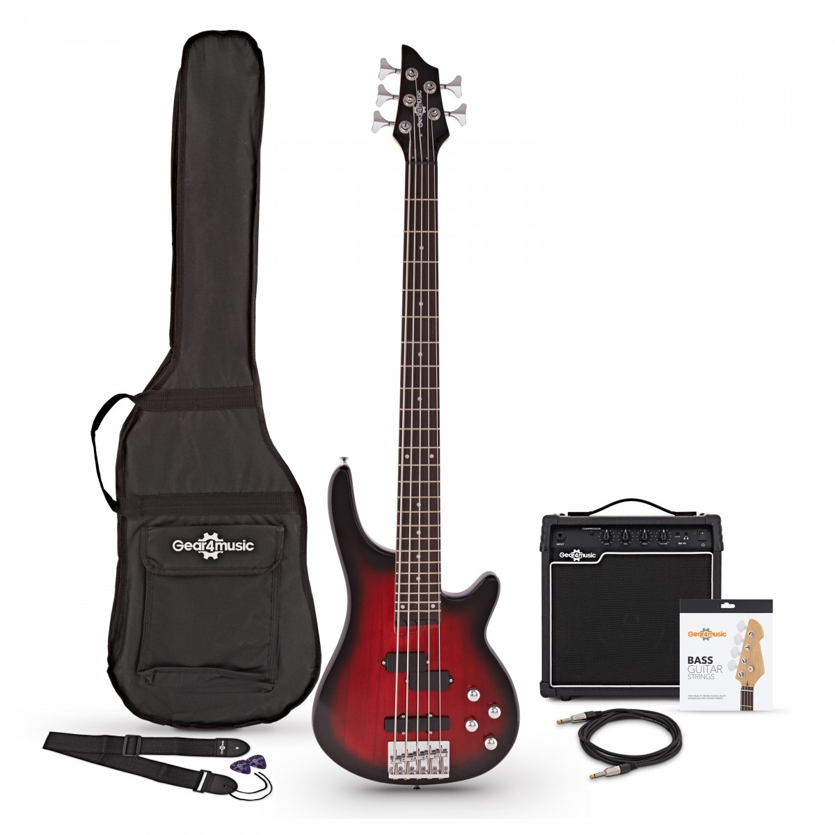 Chicago 5 String Trans Red Bass Guitar + 15W Amp Pack