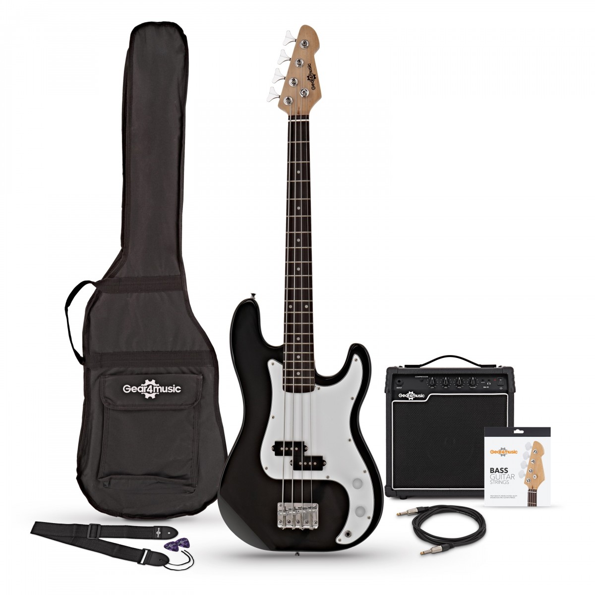 LA Short Scale Bass Guitar Black 15W Bass Amp Pack