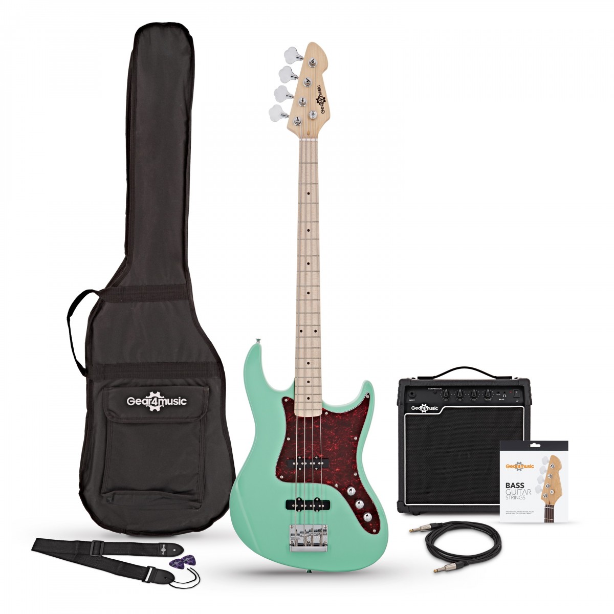 LA II Bass Guitar Seafoam Green 15W Bass Amp Pack