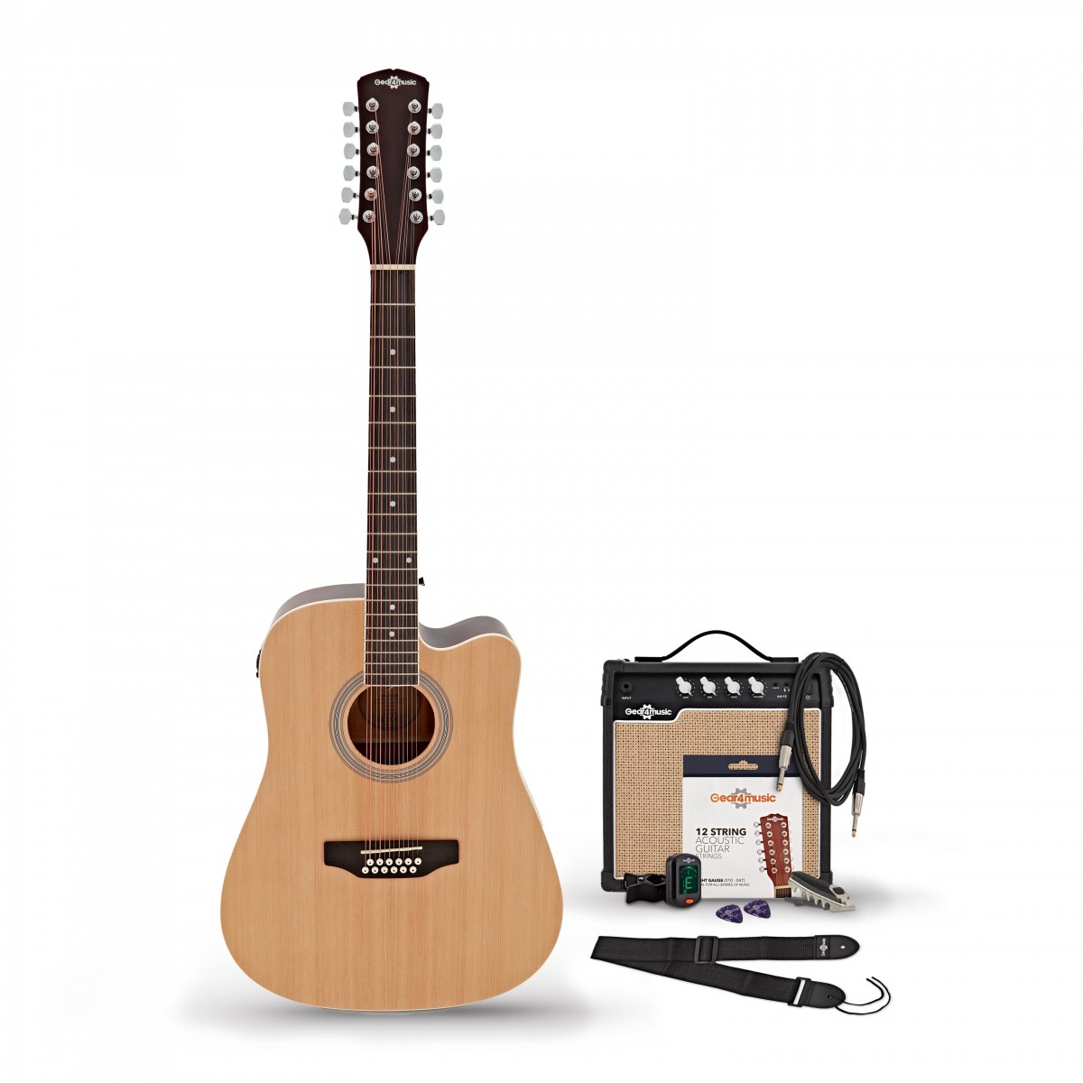 Dreadnought 12 String Electro Acoustic Guitar Natural 15W Acoustic Amp Accessory Pack