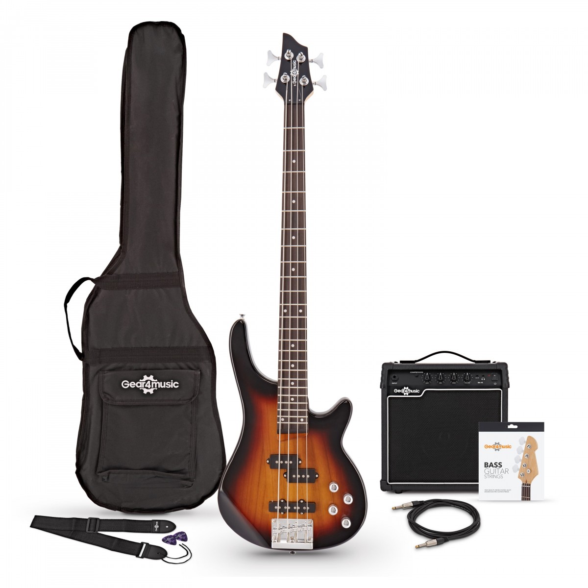 Chicago Bass Guitar + 15W Amp Pack Sunburst