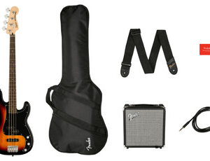 Squier Affinity Precision Bass Guitar PJ Pack in 3-Color Sunburst with Rumble 15W Amp