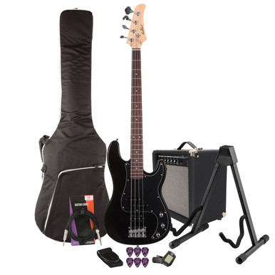 EastCoast PJ4 Bass Guitar Starter Pack in Black with 25W Amp & Accessories