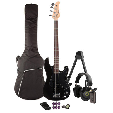 EastCoast PJ4 Bass Guitar Silent Bundle In Black with Headphone Amp & Accessories