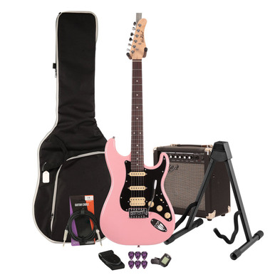EastCoast ST2 Electric Guitar Starter Pack in Bubblegum Metallic with 15W Amp & Accessories