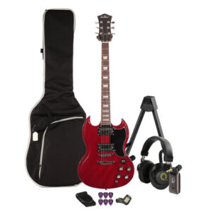 EastCoast GS61 Electric Guitar Silent Bundle in Cherry with Headphone Amp & Accessories