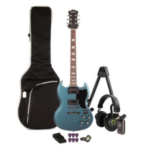 EastCoast GS61 Electric Guitar Silent Bundle in Pelham Blue with Headphone Amp & Accessories