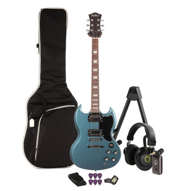 EastCoast GS61 Electric Guitar Silent Bundle in Pelham Blue with Headphone Amp & Accessories